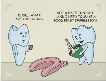 A cartoon tooth making a dental impression jokes that he needs to make a good impression